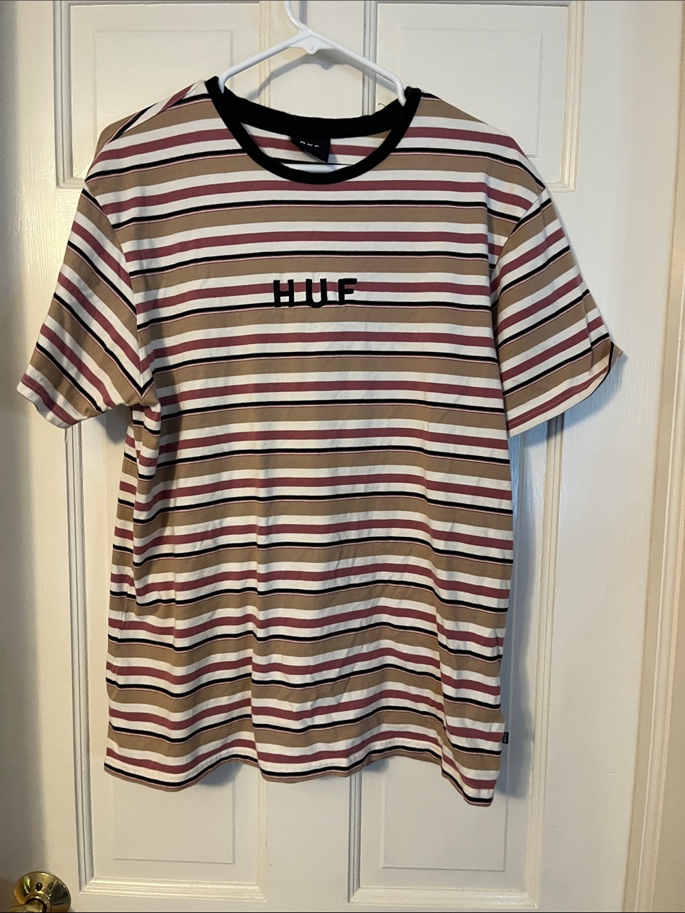 HUF Striped Short Sleeve Tee — White, Tan & Burgundy
